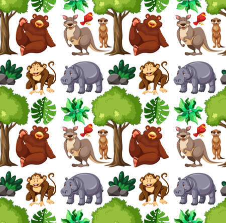 Seamless pattern with cute wild animals and nature elements illustrationのイラスト素材