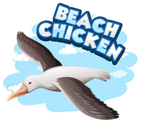 Seagull bird cartoon character with Beach Chicken font banner isolated illustrationのイラスト素材