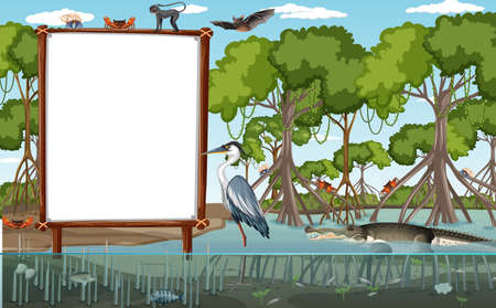 Empty banner in mangrove forest scene with wild animals illustrationのイラスト素材