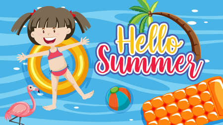 Hello Summer banner with a girl laying on swimming ring in the pool illustrationのイラスト素材