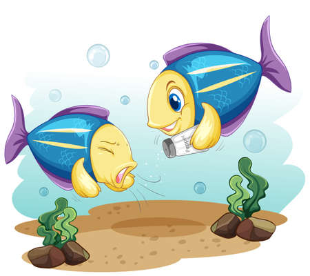 Cute fish cartoon character holding salt bottle illustrationのイラスト素材
