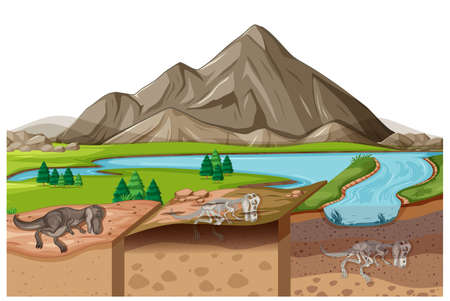 Nature landscape scene at daytime with dinosaur fossils in soil layers  illustrationのイラスト素材
