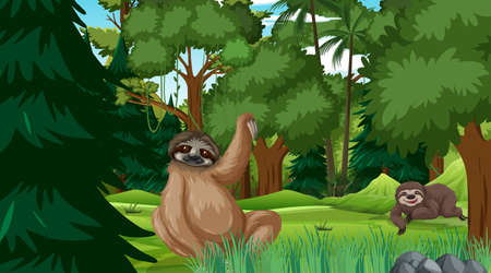 Sloth in forest at daytime scene with many trees illustrationのイラスト素材