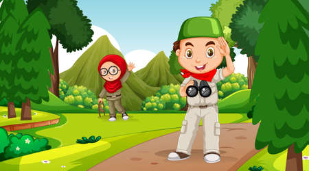 Nature scene with muslim kids exploring in the forest illustrationのイラスト素材