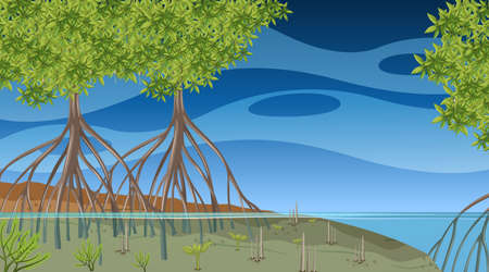 Nature scene with Mangrove forest at sunset time in cartoon style illustrationのイラスト素材