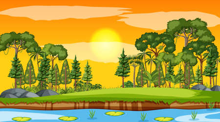 Blank nature park landscape at sunset scene illustrationのイラスト素材
