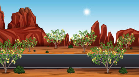 Long road through the desert landscape scene at day time illustrationのイラスト素材