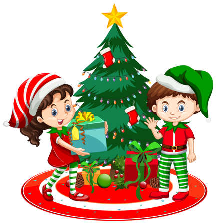 Children wear Christmas costume cartoon character with Christmas tree on white background illustrationのイラスト素材