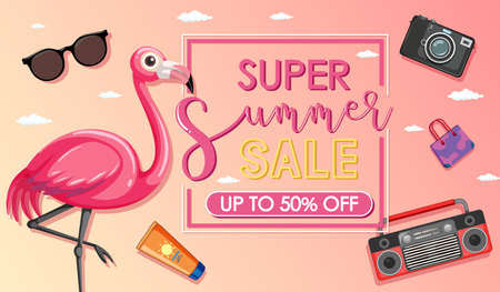 Super Summer Sale banner with a flamingo illustration