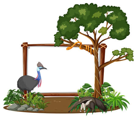 Empty banner with wild animals and rainforest trees on white background illustrationのイラスト素材