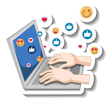 A sticker template with hands on laptop with social emoji icon illustrationのイラスト素材