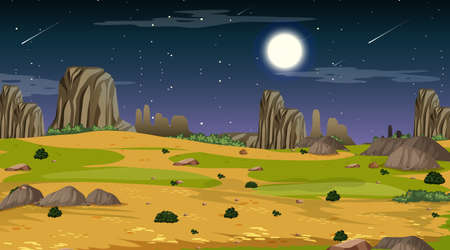 Desert forest landscape at night scene illustrationのイラスト素材