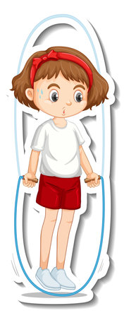 Sticker design with a girl jumping rope exercise isolated illustrationのイラスト素材