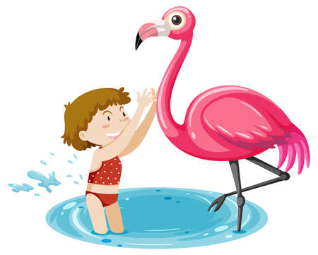 A girl playing with flamingo isolated illustrationのイラスト素材