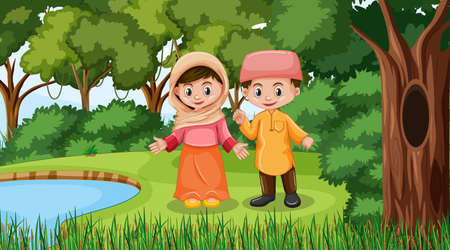 Muslim kids wears traditional clothes in the forest scene illustrationのイラスト素材