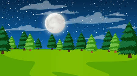 Nature forest landscape at night scene illustrationのイラスト素材