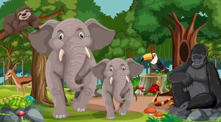 Elephant family with other wild animals in forest scene illustrationのイラスト素材