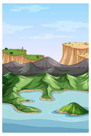 Vertical nature landscape scene with top view of mountain illustrationのイラスト素材