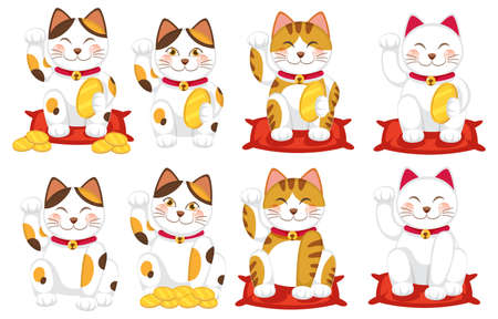 Set of different Japanese lucky cat maneki neko illustrationのイラスト素材