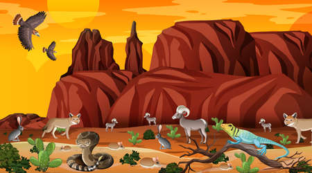 Desert forest landscape at sunset time scene with wild animals illustrationのイラスト素材
