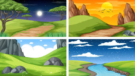 Four different scene of nature park and forest illustrationのイラスト素材