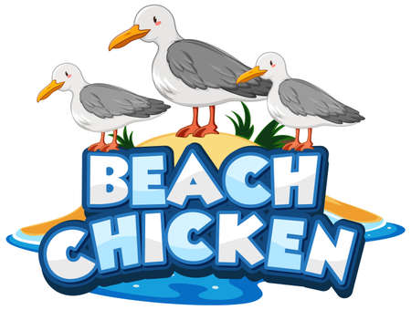 Seagull bird cartoon character with Beach Chicken font banner isolated illustrationのイラスト素材