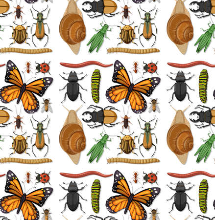 Seamless pattern with many insects on white background illustrationのイラスト素材