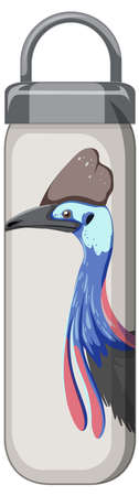 A white thermos bottle with bird animal pattern illustration