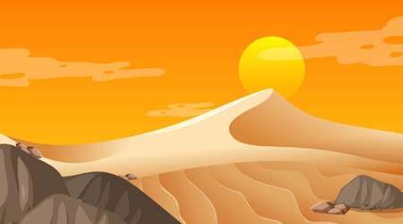 Empty desert forest landscape at sunset time scene illustrationのイラスト素材
