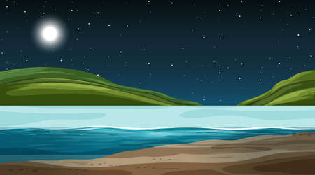 Blank nature landscape at night scene with mountain background illustrationのイラスト素材