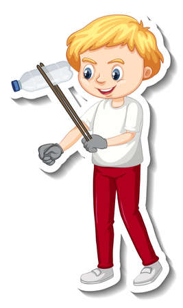Sticker design with a boy collecting garbage illustrationのイラスト素材