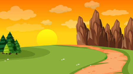 Blank landscape scene of nature park at sunset time illustrationのイラスト素材