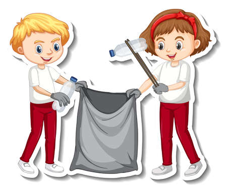 Sticker design with children collecting garbage illustrationのイラスト素材