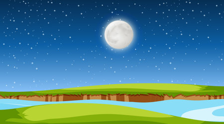 Blank meadow landscape and river at night scene illustrationのイラスト素材