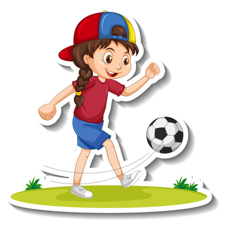 Cartoon character sticker with a girl playing football illustrationのイラスト素材