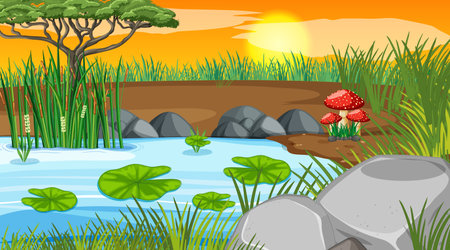 Landscape scene of forest with river and many trees illustrationのイラスト素材