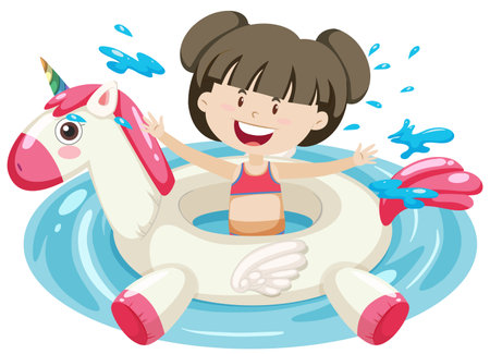 Cute girl with unicorn swimming ring in the water isolated illustrationのイラスト素材