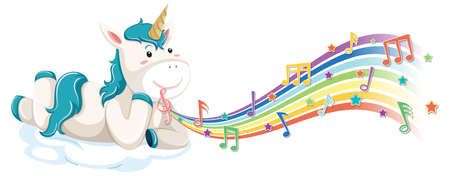Cute unicorn laying on the cloud with melody symbols on rainbow illustrationのイラスト素材