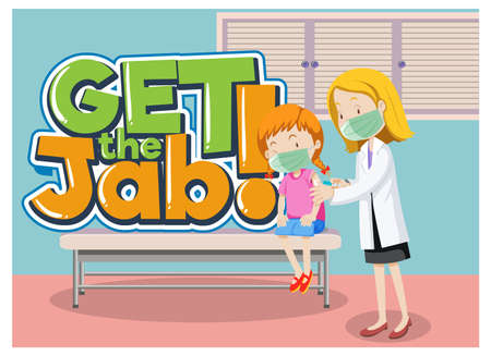 Get the Jab font banner with a doctor injecting vaccine shot to a girl in hospital scene illustrationのイラスト素材