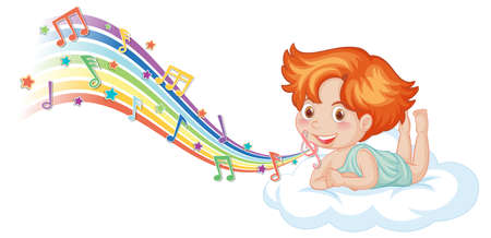 Cupid boy character on the cloud with melody symbols on rainbow  illustrationのイラスト素材