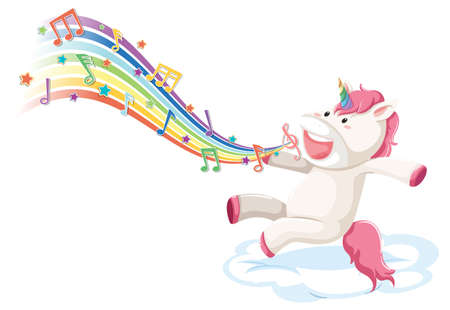 Cute unicorn jumping on the cloud with melody symbols on rainbow illustrationのイラスト素材