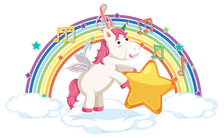 Unicorn standing on cloud with rainbow and melody symbol illustrationのイラスト素材