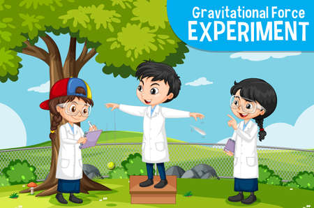 Gravitational force experiment with scientist kids cartoon character illustrationのイラスト素材