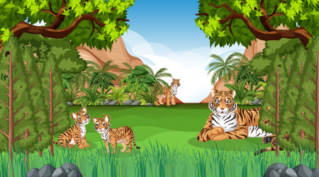 Tiger family in forest or rainforest scene with many trees illustrationのイラスト素材
