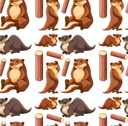 Seamless pattern with cute otter in different poses on white background illustrationのイラスト素材