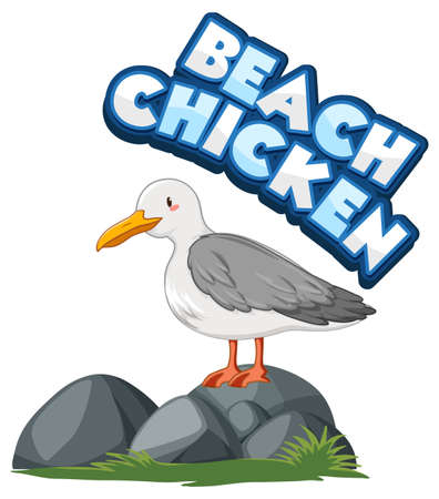 Seagull bird cartoon character with Beach Chicken font banner isolated illustrationのイラスト素材