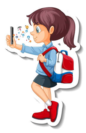 A student girl using smart phone cartoon character sticker illustrationのイラスト素材