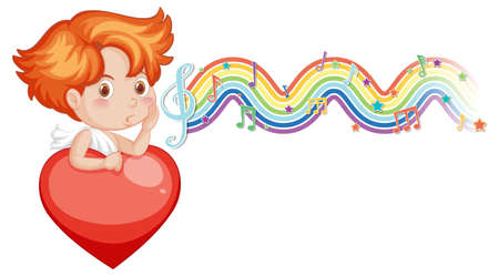 Cupid boy holding heart with melody symbols on rainbow wave illustrationのイラスト素材