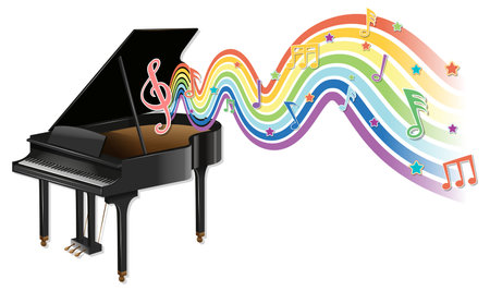 Piano with melody symbols on rainbow wave illustrationのイラスト素材