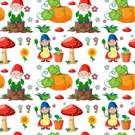Gnome or dwarf seamless pattern with garden elements illustrationのイラスト素材